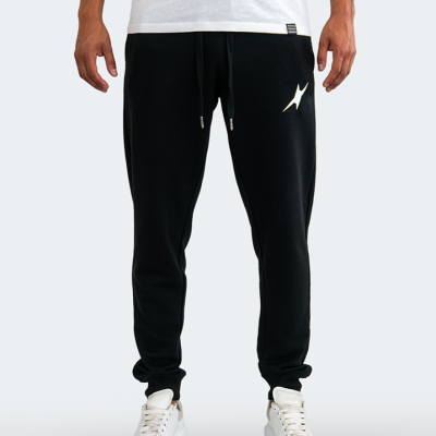 Calças de treino pretas com logótipo branco e cordão ajustável