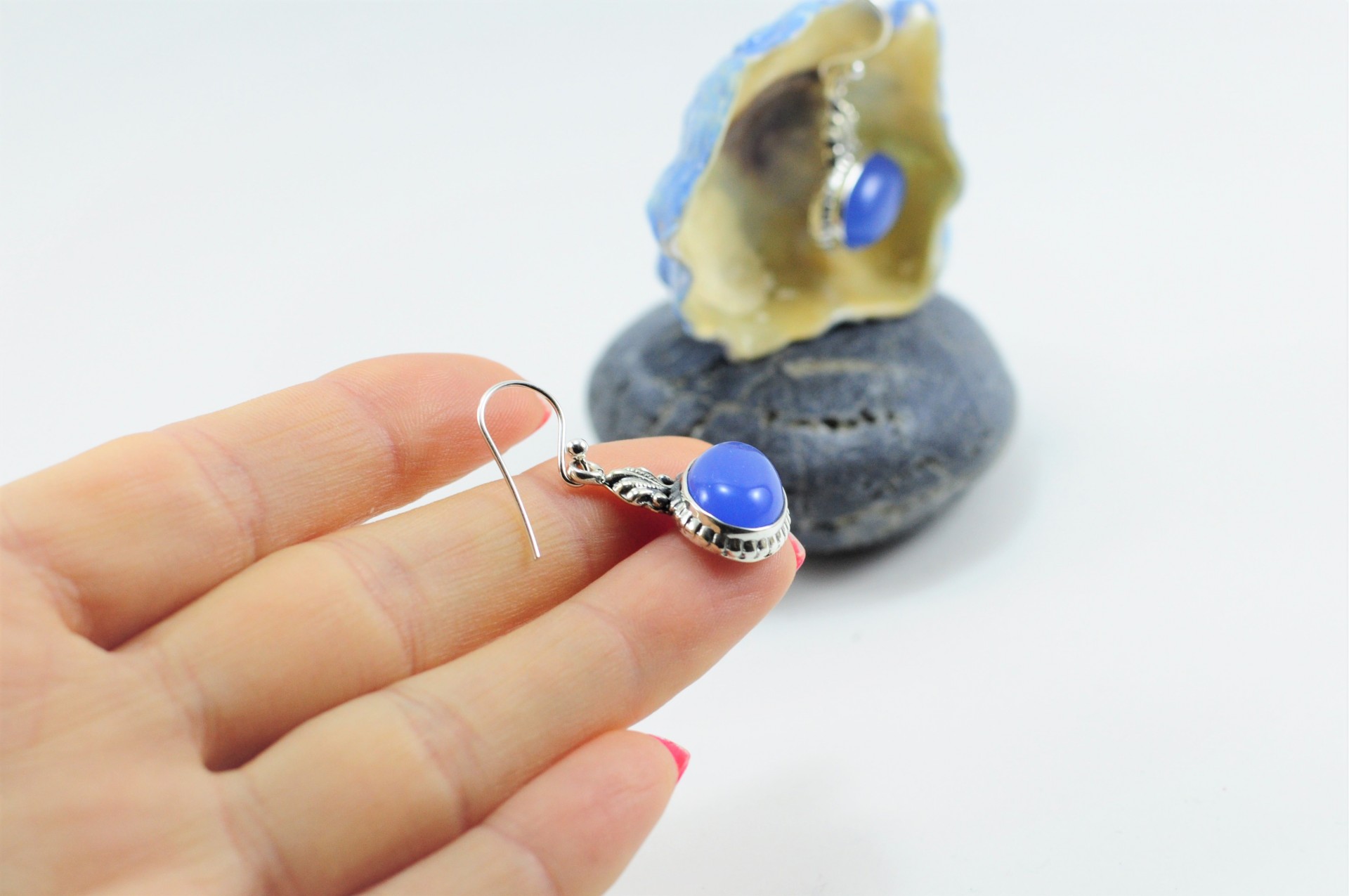 Brincos em prata com Calcedónia Azul Brincos em prata com Calcedónia Azul
