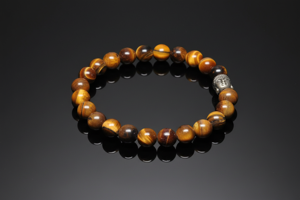 Pulseira Elástica Olho-de-Tigre com Buda (8mm) Pulseira Elástica Olho-de-Tigre com Buda (8mm)