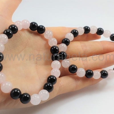 Pulseira Ágata Negra e Quartzo Rosa