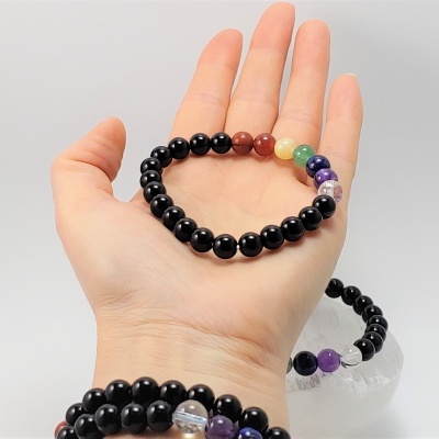 Pulseira Obsidiana negra com 7 Cristais dos Chacras Pulseira Obsidiana negra com 7 Cristais dos Chacras