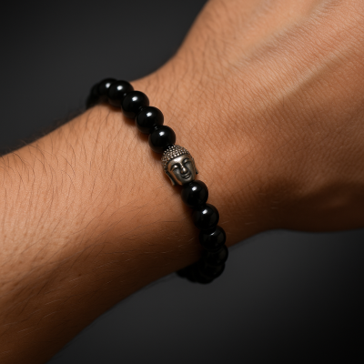 Pulseira Elástica de Ônix com Buda (8mm)