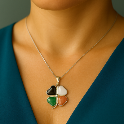 Pendente Trevo em Prata com Obsidiana, Aventurina, Pedra da Lua e Quartzo Leitoso