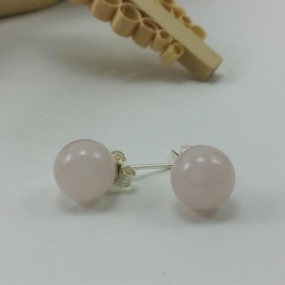 Brincos Bola Quartzo Rosa com fecho em PRATA