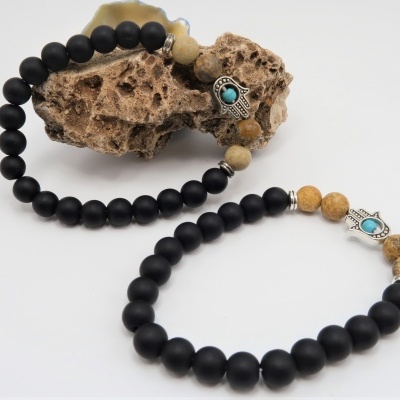 Pulseira pedra bian, jaspe paisagem e Mão de Fatima (Hamsá)