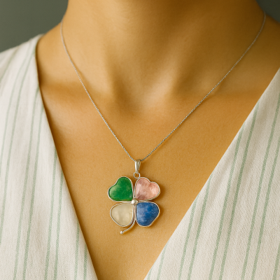 Pendente Trevo em Prata com Aventurina, Sodalita e Quartzos