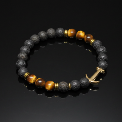 Pulseira Elástica de Lava, Olho-de-Tigre e Âncora Dourada (8mm)