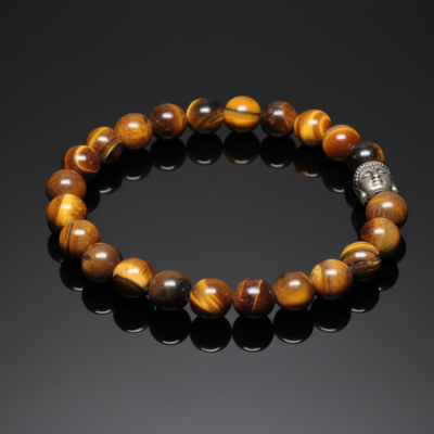 Pulseira Elástica Olho-de-Tigre com Buda (8mm)