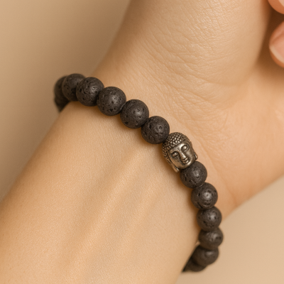 Pulseira Elástica de Pedra Vulcânica com Buda (8mm)