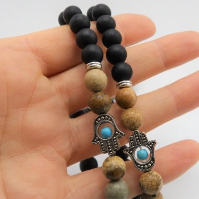 Pulseira pedra bian, jaspe paisagem e Mão de Fatima (Hamsá)