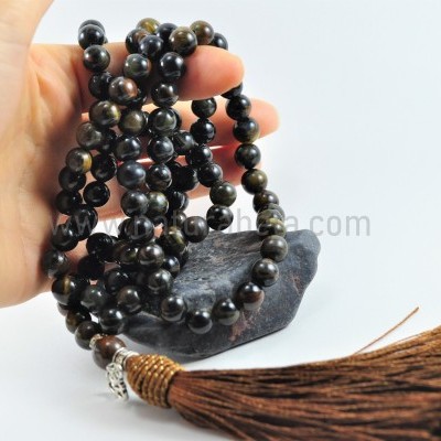 Mala Budista de Pedra Olho de Falcão 8mm - Terço Tibetano OM