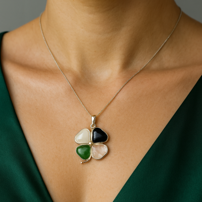 Pendente Trevo em Prata com Obsidiana, Quartzos e Aventurina