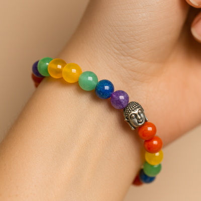 Pulseira Elástica 7 Chakras com Cristais Naturais e Buda (8mm)