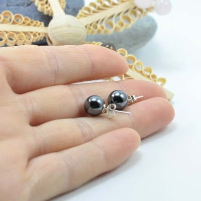Brincos Bola Hematite com fecho em PRATA