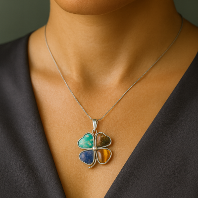 Pendente Trevo em Prata com Olho de Tigre, Unakita, Aventurina Azul e Amazonite