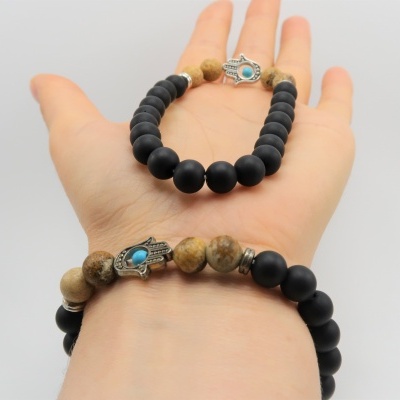 Pulseira pedra bian, jaspe paisagem e Mão de Fatima (Hamsá)