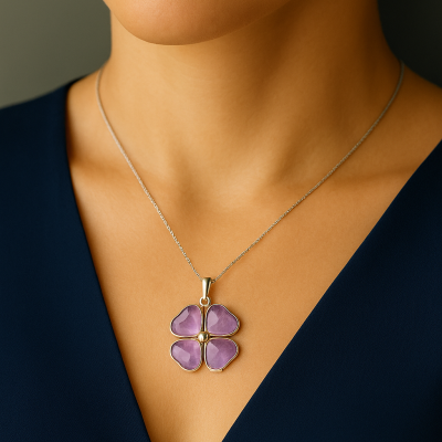 Pendente Trevo em Prata com Ametista Natural