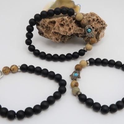 Pulseira pedra bian, jaspe paisagem e Mão de Fatima (Hamsá)