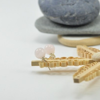 Brincos Bola Quartzo Rosa com fecho em PRATA