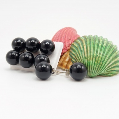 Brincos Bola Agata Negra com fecho em PRATA