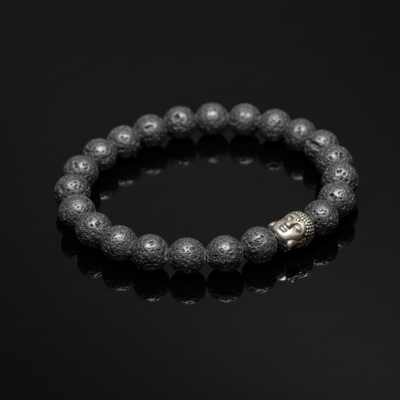 Pulseira Elástica de Pedra Vulcânica com Buda (8mm)