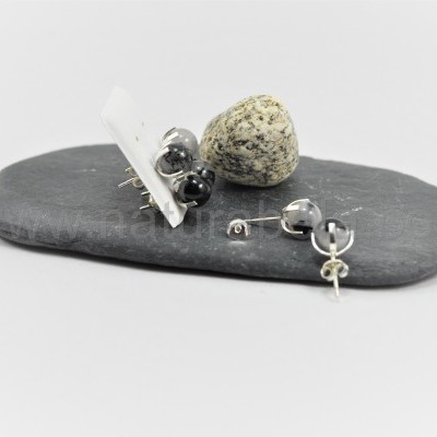 Brincos em prata com Bola Quartzo Hialino com Turmalina Negra