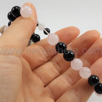 Pulseira Ágata Negra e Quartzo Rosa