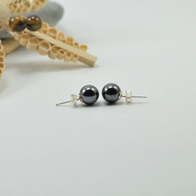 Brincos Bola Hematite com fecho em PRATA