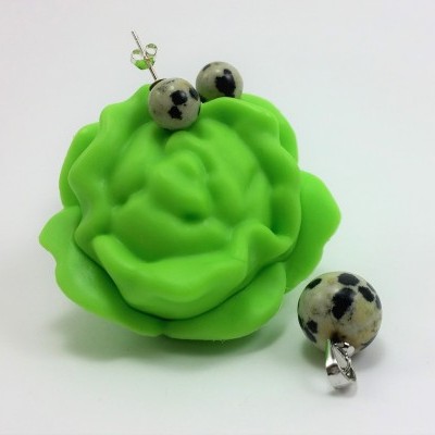 Conjunto Pendente e Brincos em Pedras Naturais Jaspe Dálmata