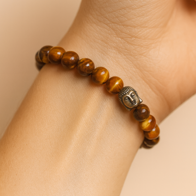 Pulseira Elástica Olho-de-Tigre com Buda (8mm) Pulseira Elástica Olho-de-Tigre com Buda (8mm)