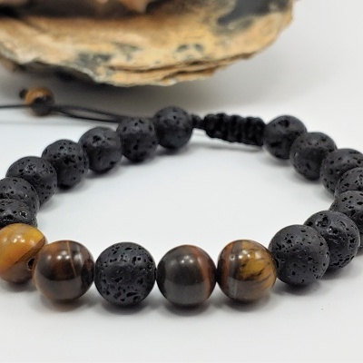 Pulseira ajustável de Pedra vulcânica e Olho de Tigre Pulseira ajustável de Pedra vulcânica e Olho de Tigre