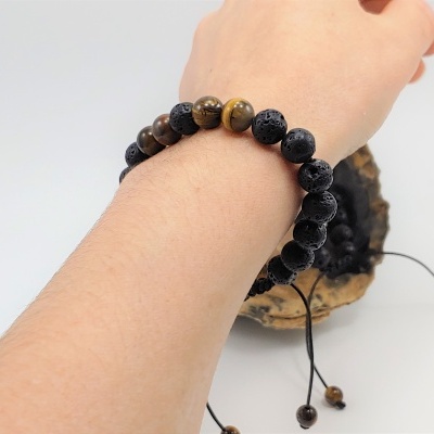 Pulseira ajustável de Pedra vulcânica e Olho de Tigre Pulseira ajustável de Pedra vulcânica e Olho de Tigre