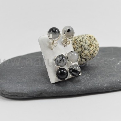 Brincos em prata com Bola Quartzo Hialino com Turmalina Negra