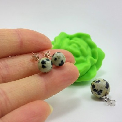 Conjunto Pendente e Brincos em Pedras Naturais Jaspe Dálmata