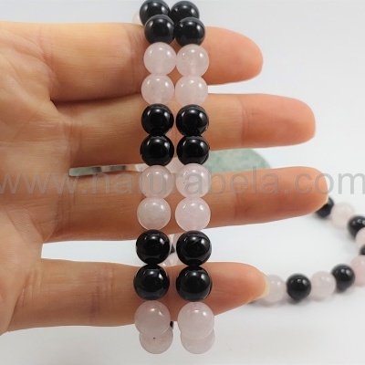 Pulseira Ágata Negra e Quartzo Rosa