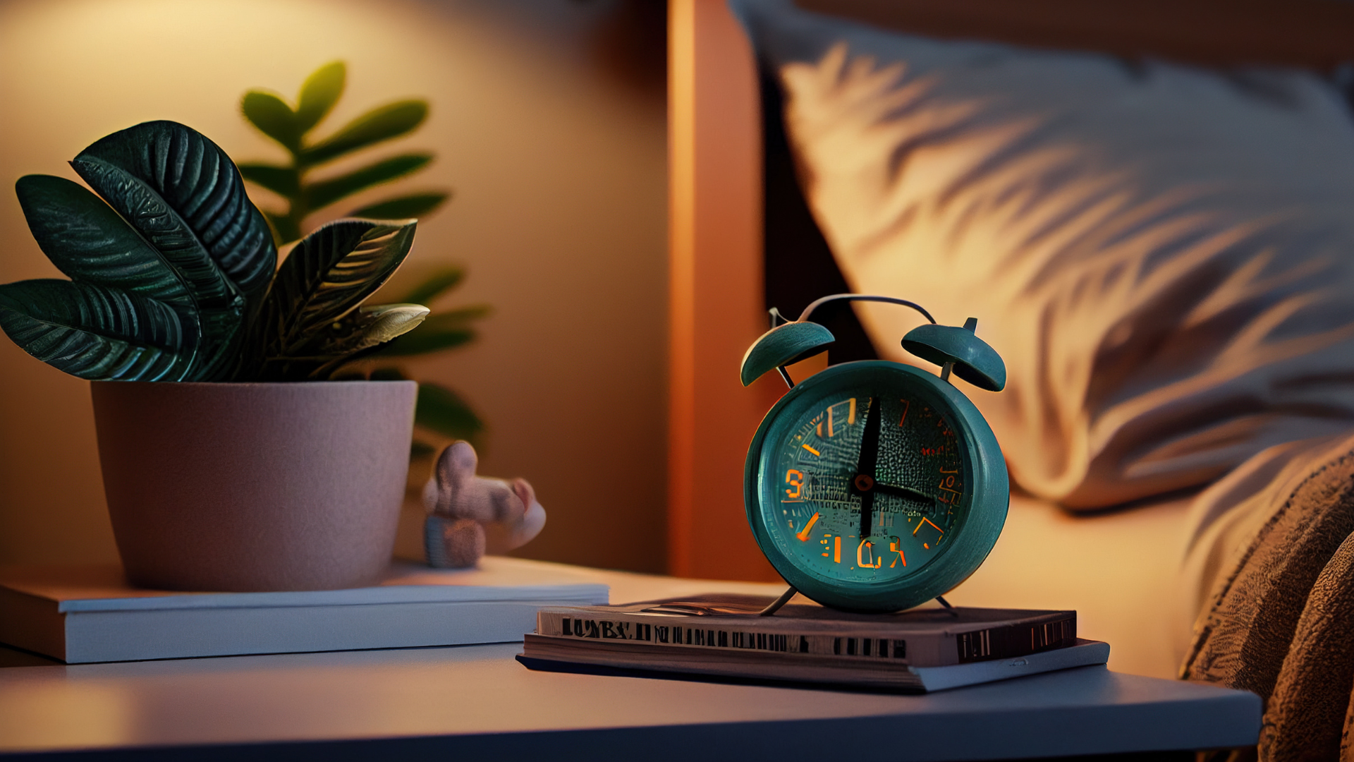 Relógio despertador vintage verde sobre livros numa mesa branca com planta e cama ao fundo