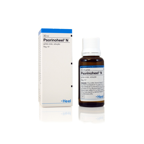 Psorinoheel - 30 ml Frasco e embalagem branca com azul de Psorinoheel N, gotas orais 30 ml.