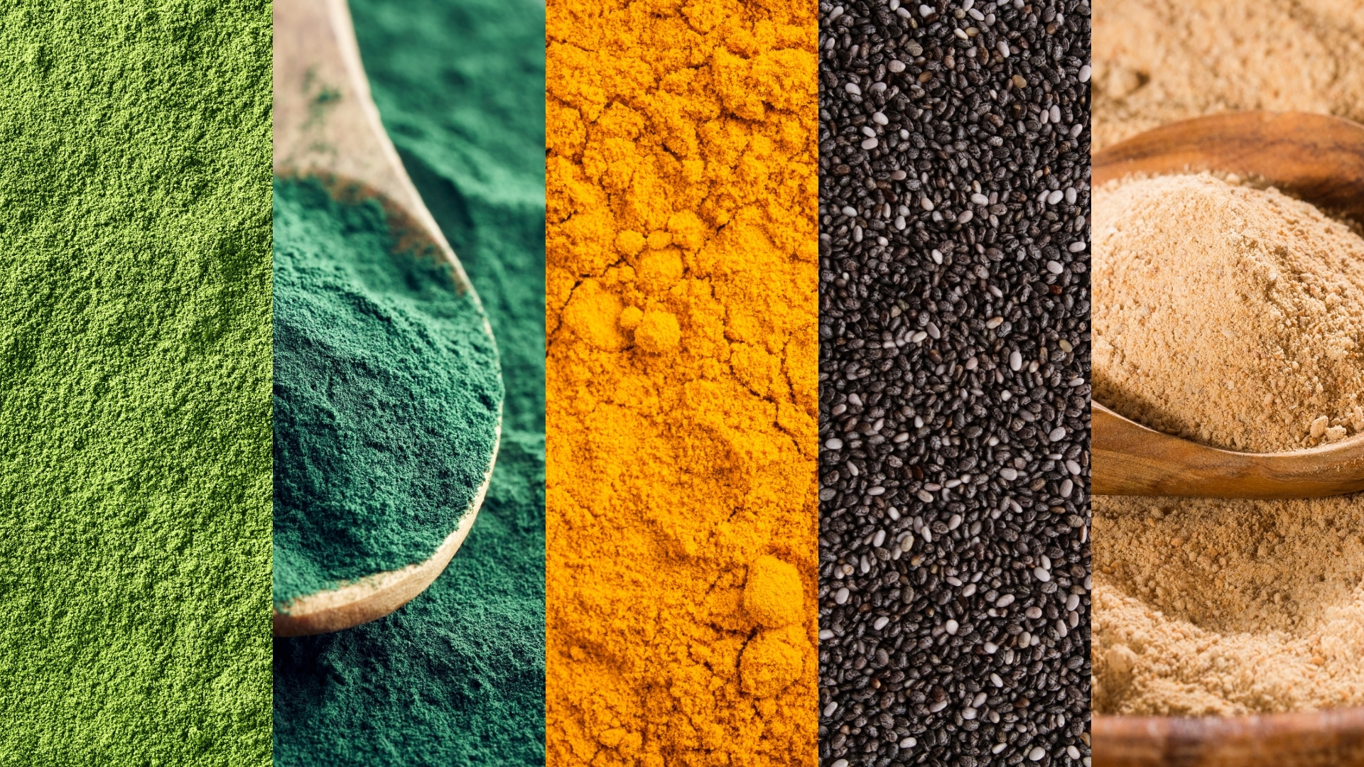 Cinco tipos de pós e sementes de cores diferentes organizados em colunas verticais.