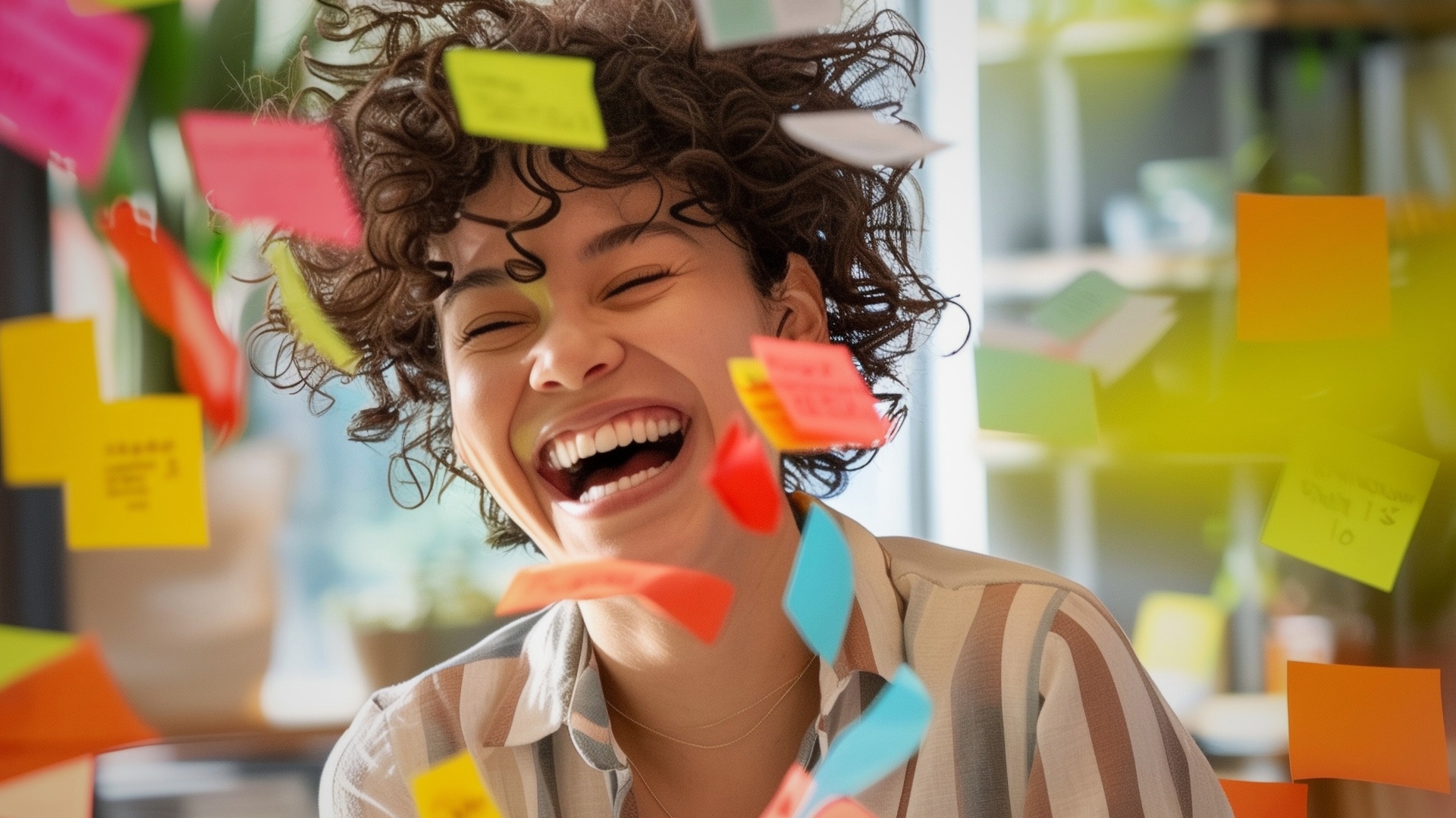 Mulher sorridente atrás de notas autocolantes coloridas em ambiente interior