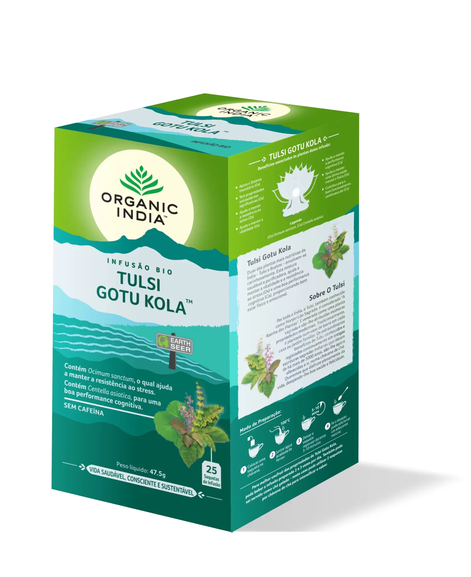 Tulsi Gotu Kola * Infusão 25saquetas Caixa de chá Organic India Tulsi Gotu Kola, verde e azul, com folhas e instruções.