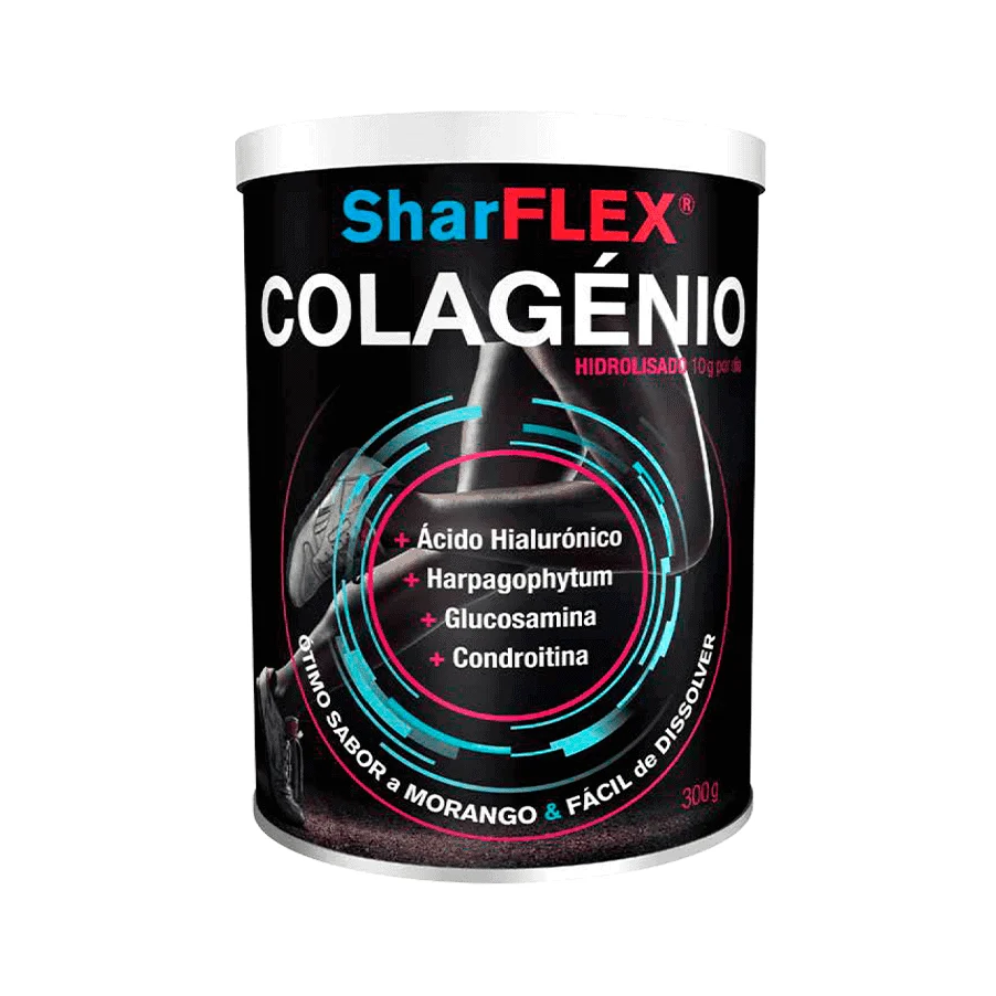 Sharflex Colagenio Lata 300gr Embalagem preta de suplemento SharFLEX COLAGÉNIO com texto e design circular colorido