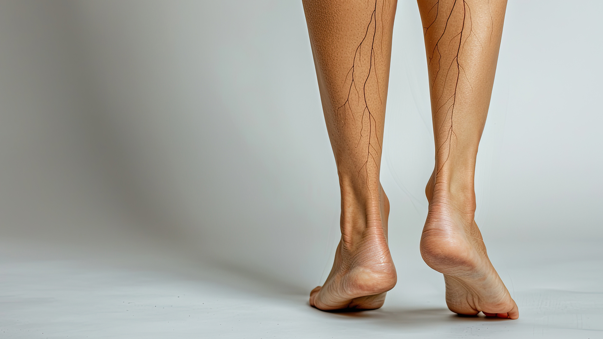 Pernas e pés nus com padrão de linhas finas castanhas, fundo cinzento claro