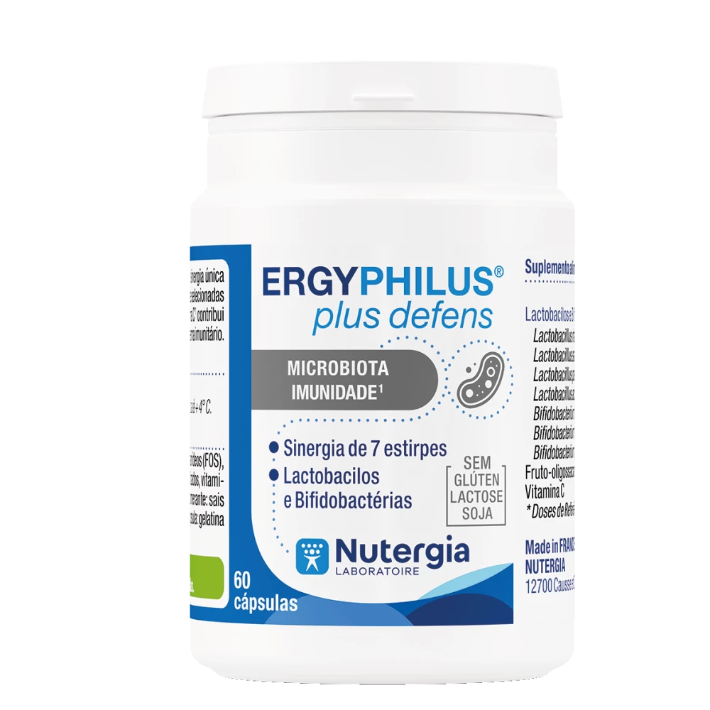 Ergyphilus Plus Defense 60caps frasco branco de suplemento ERGYPHILUS plus defens Nutergia