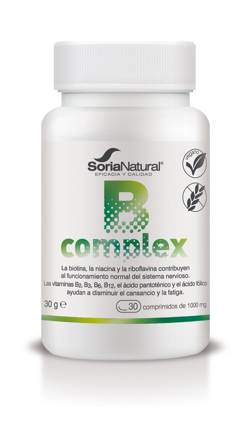 Complex B 30comprimidos Frasco branco de suplemento B complex da Soria Natural com texto e ícones no rótulo