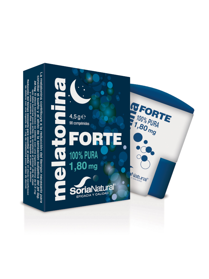 Melatonina Forte 1.8mg 90comprimidos Embalagem de comprimidos de melatonina FORTE azul e branco com texto e ícone de lua