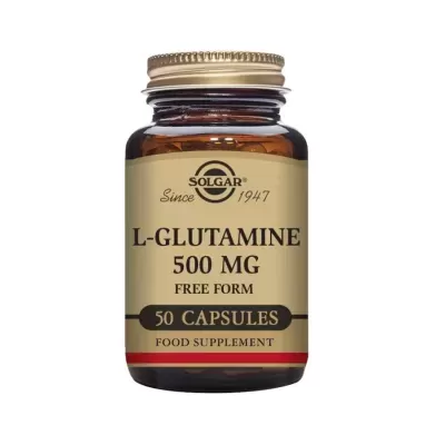 frasco de suplemento alimentar L-Glutamine 500 mg Solgar com 50 cápsulas