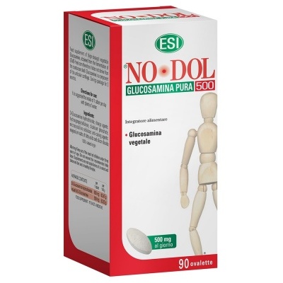 Embalagem de suplemento glucosamina vegetal NO-DOL 500 da ESI com manequim de madeira