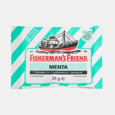 Embalagem de caramelos Fisherman's Friend sabor menta com listras verdes e brancas