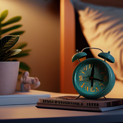 Relógio despertador vintage verde sobre livros numa mesa branca com planta e cama ao fundo