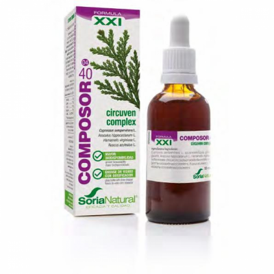 Frasco âmbar com conta-gotas e embalagem de COMPOSOR 40 circuven complex da Soria Natural.